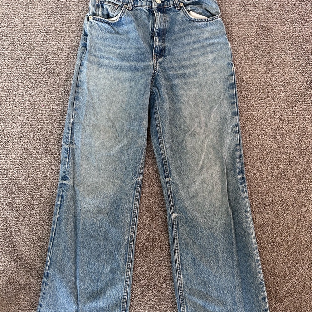 Zara Wide Leg Denim Rigid High Rise Jeans - size 8 and cut to 28” inseam